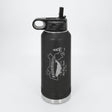 Black 32 oz insulated water bottle laser engraved with a Massachusetts design of a whale, a lighthouse and the sun over Cape Cod and the islands