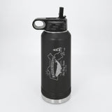 Black 32 oz insulated water bottle laser engraved with a Massachusetts design of a whale, a lighthouse and the sun over Cape Cod and the islands