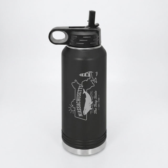 Black 32 oz insulated water bottle laser engraved with a Massachusetts design of a whale, a lighthouse and the sun over Cape Cod and the islands