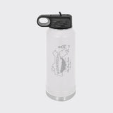 White 32 oz insulated water bottle laser engraved with a Massachusetts design of a whale, a lighthouse and the sun over Cape Cod and the islands