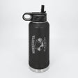 Black 32 oz insulated water bottle laser engraved with a Minnesota design of a loon, a canoe and lakeside pines