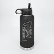 Black 32 oz insulated water bottle laser engraved with a Nebraska design of a western meadowlark, a barn and a windmill