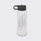 White 32 oz insulated water bottle laser engraved with a Nebraska design of a western meadowlark, a barn and a windmill