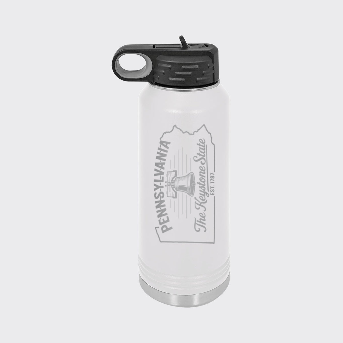 White 32 oz insulated water bottle laser engraved with a Pennsylvania design of the Liberty Bell