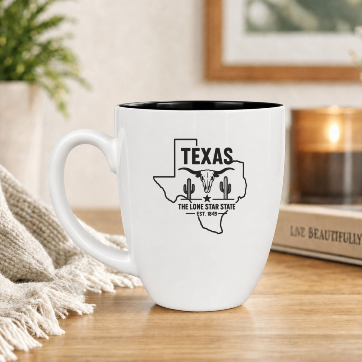 White 16 oz ceramic coffee mug printed with the Texas state outline and The Lone Star State