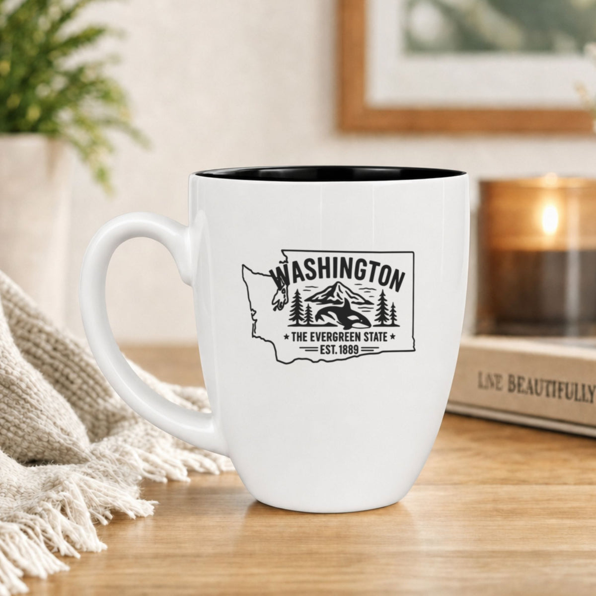 White 16 oz ceramic coffee mug printed with the Washington state outline and The Evergreen State