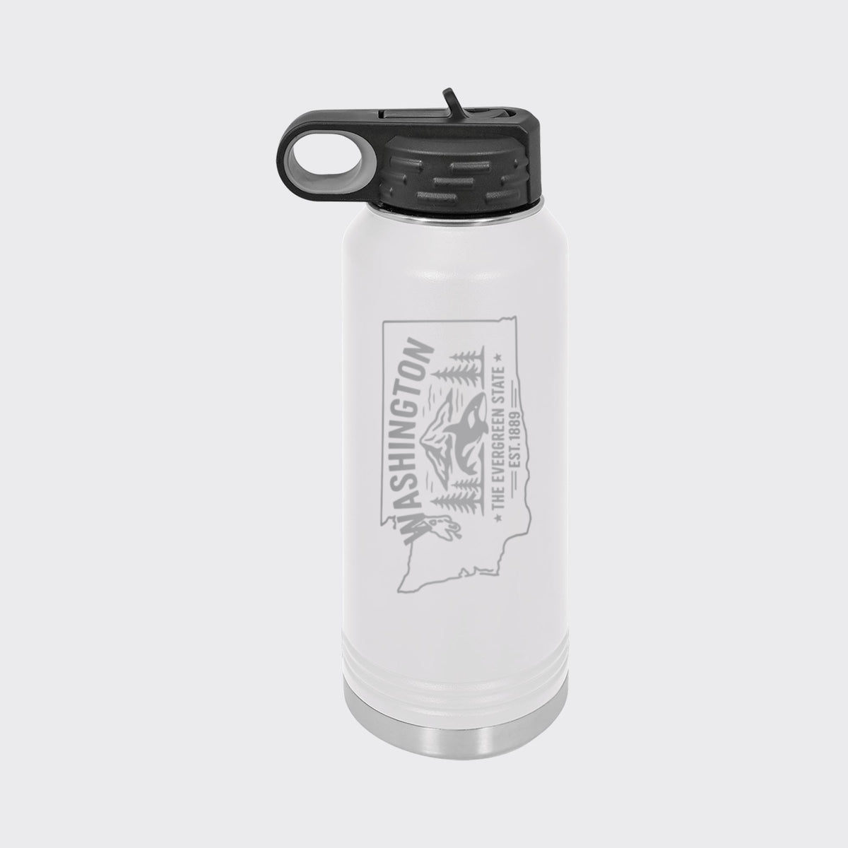 White 32 oz insulated water bottle laser engraved with a Washington design of an orca, Mount Rainier and evergreens