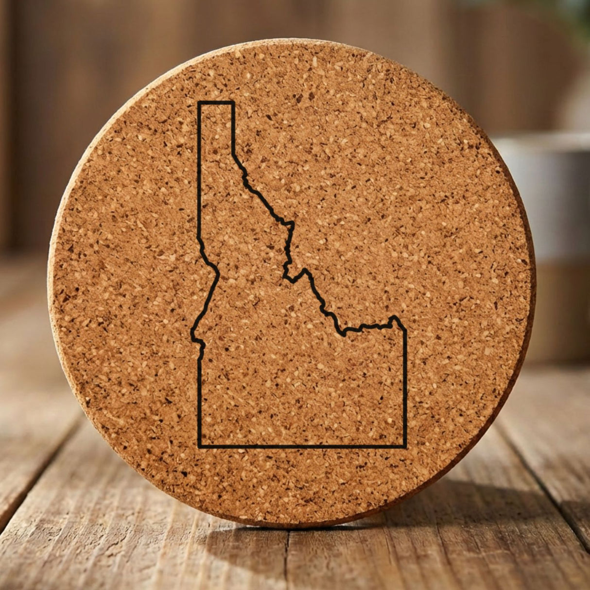 Idaho round cork coaster engraved with a clean state outline