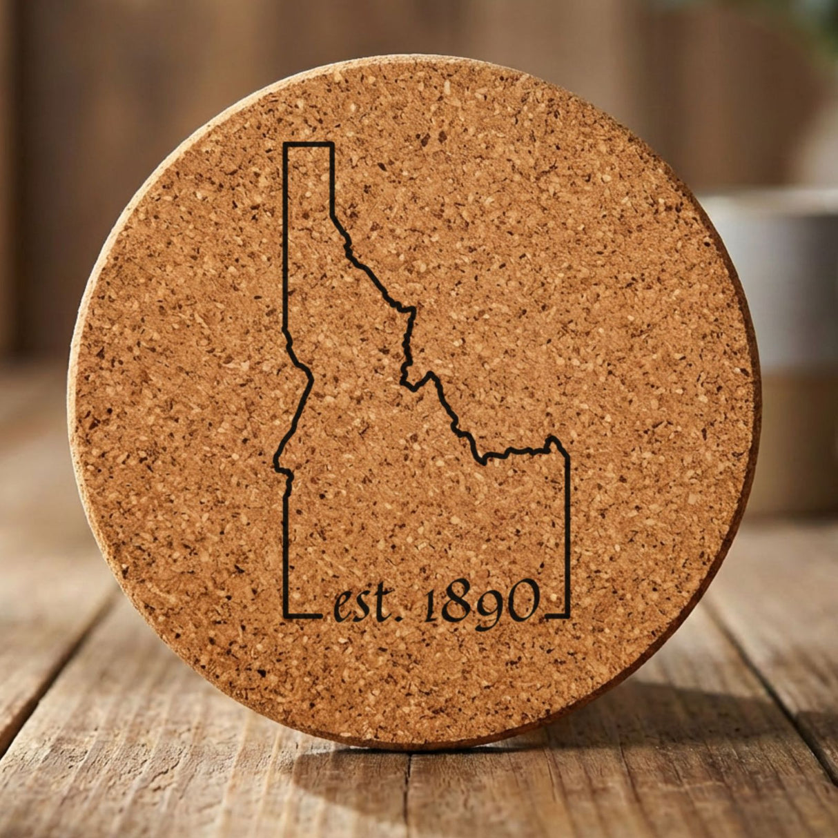 Idaho round cork coaster engraved with the state outline and est. 1890