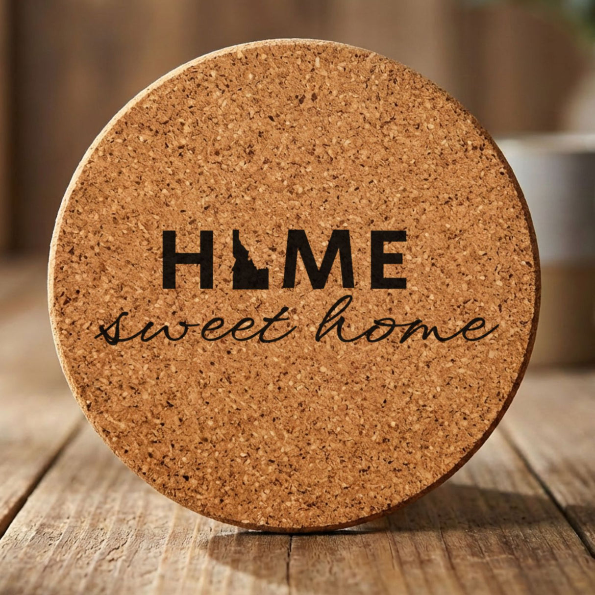 Idaho round cork coaster engraved with HOME sweet home using the state shape as the letter O