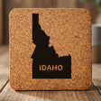 Idaho square cork coaster engraved with the state shape and IDAHO in bold lettering