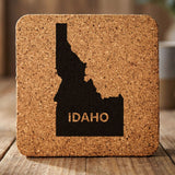 Idaho square cork coaster engraved with the state shape and IDAHO in bold lettering