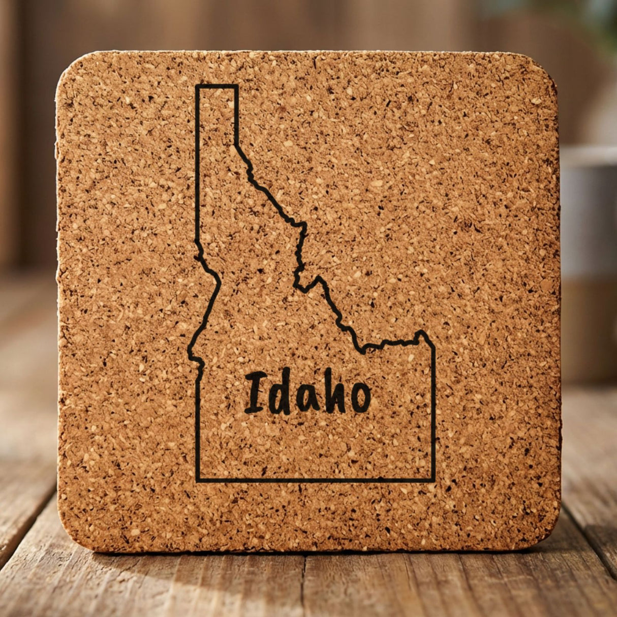 Idaho square cork coaster engraved with the state outline and IDAHO in hand-drawn brush lettering