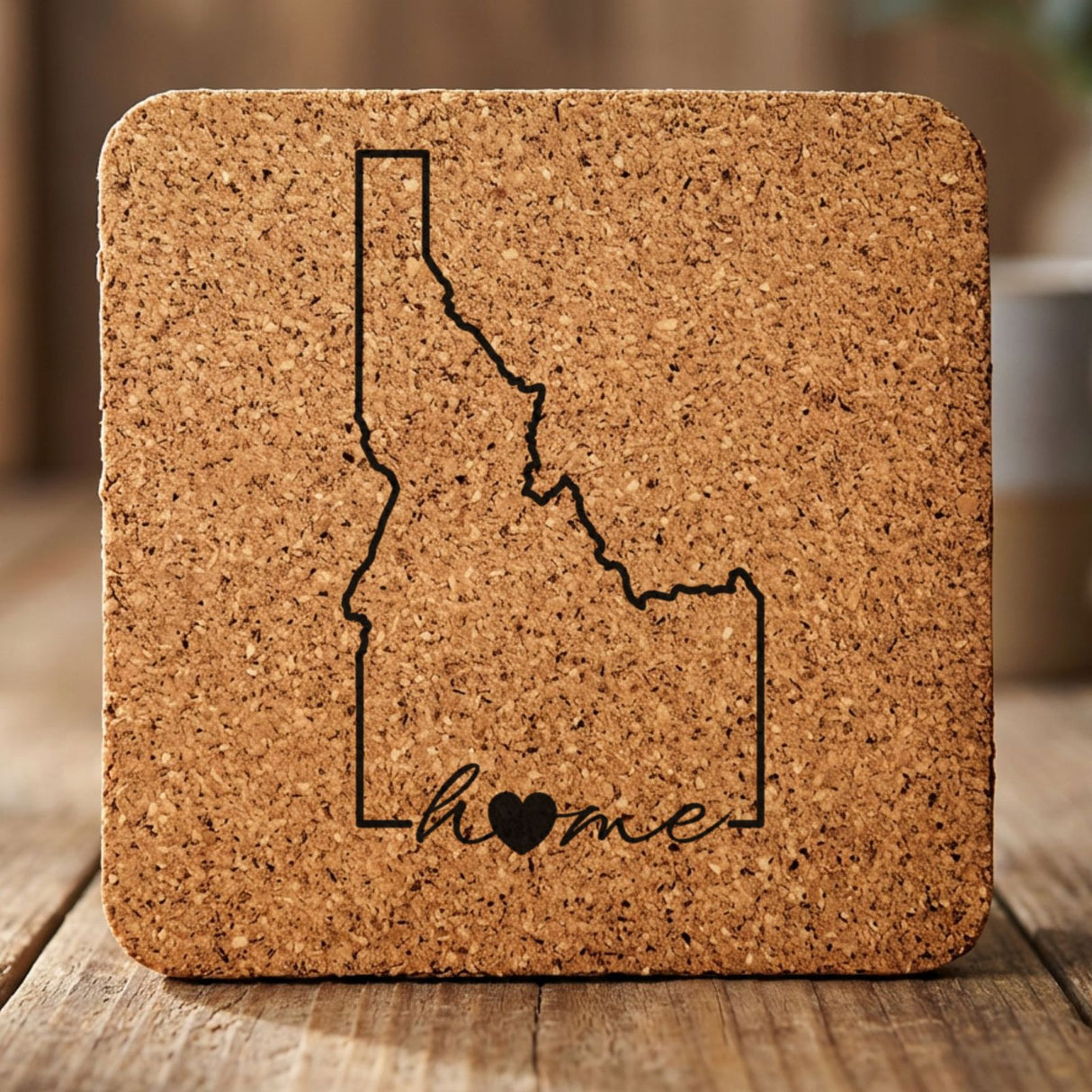Idaho square cork coaster engraved with the state outline and home in script with a heart
