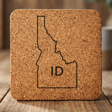 Idaho square cork coaster engraved with the state outline and ID initials