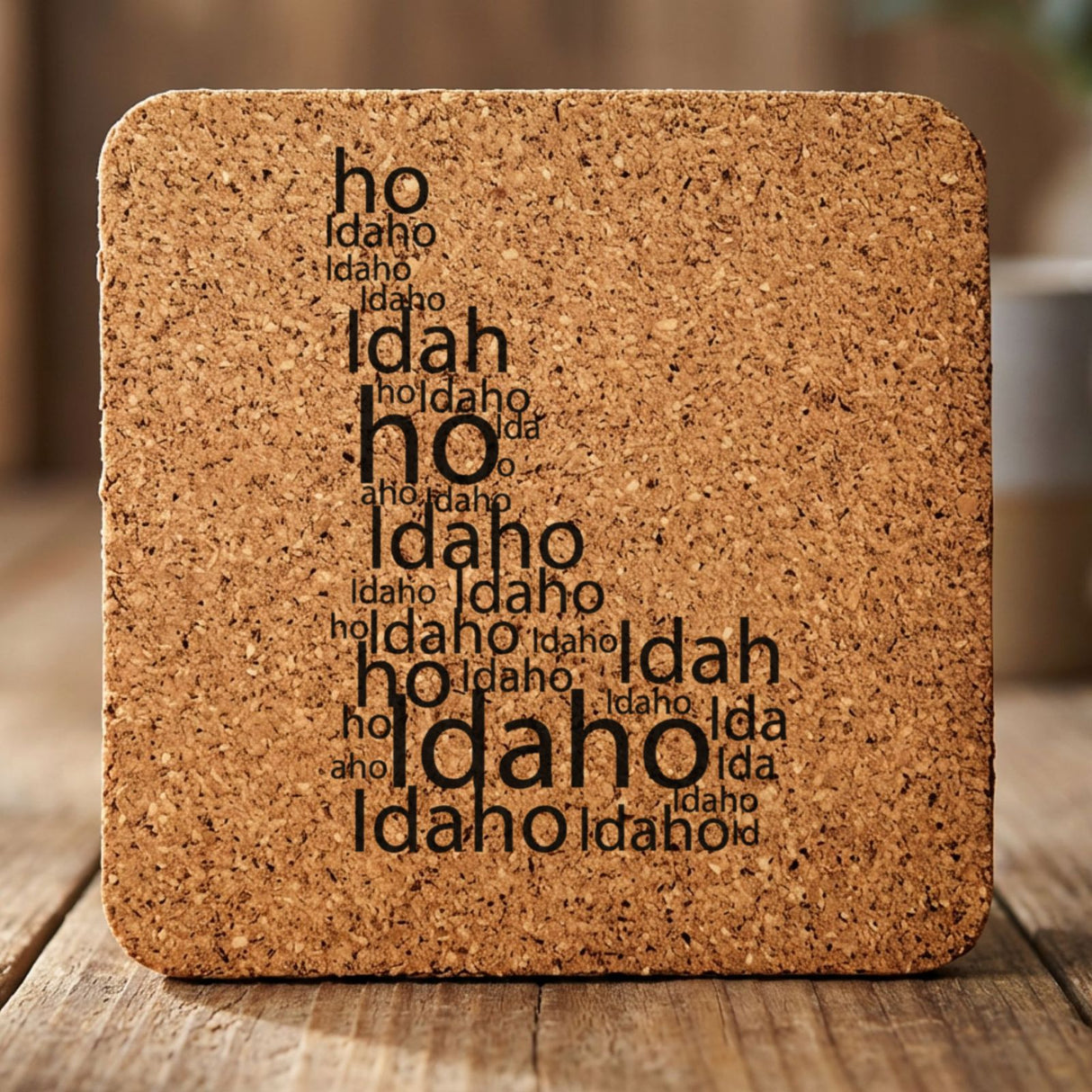 Idaho square cork coaster engraved with a word cloud of repeating Idaho text