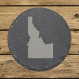 Idaho round slate coaster with the full state shape engraved