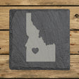 Idaho square slate coaster engraved with the state shape and a heart