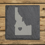 Idaho square slate coaster engraved with the state shape and a heart