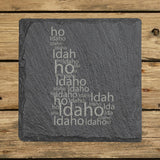 Idaho square slate coaster engraved with a word cloud of repeating Idaho text