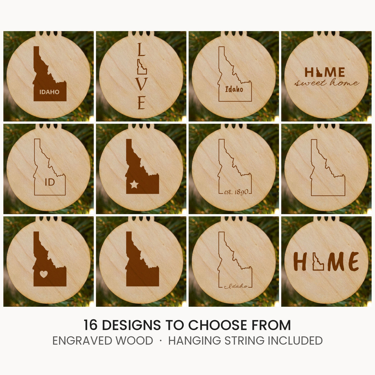 Idaho wood Christmas ornament, laser engraved natural wood