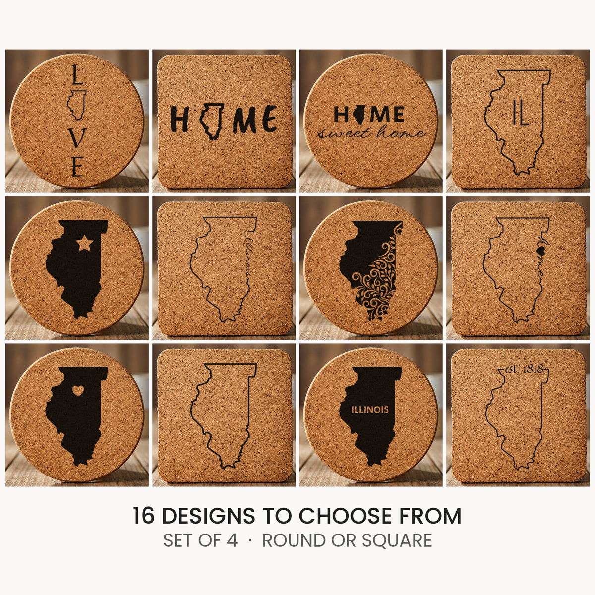 Illinois cork coaster set, laser engraved natural cork