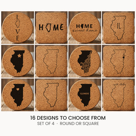 Illinois cork coaster set, laser engraved natural cork