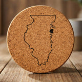 Illinois round cork coaster engraved with the state outline and home in script with a heart