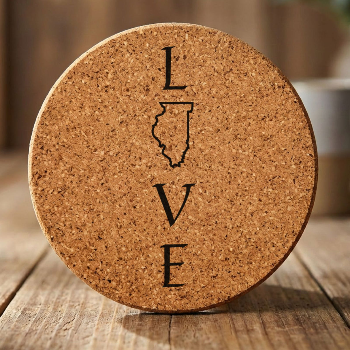 Illinois round cork coaster engraved with LOVE stacked vertically using the state as the letter O