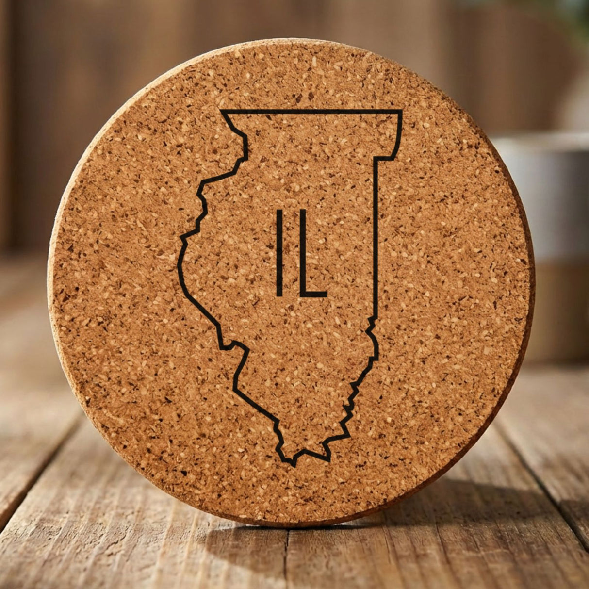 Illinois round cork coaster engraved with the state outline and IL initials