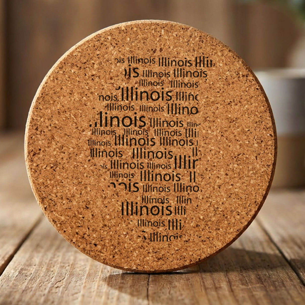 Illinois round cork coaster engraved with a word cloud of repeating Illinois text