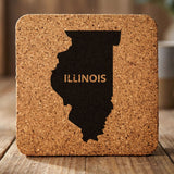 Illinois square cork coaster engraved with the state shape and ILLINOIS in bold lettering
