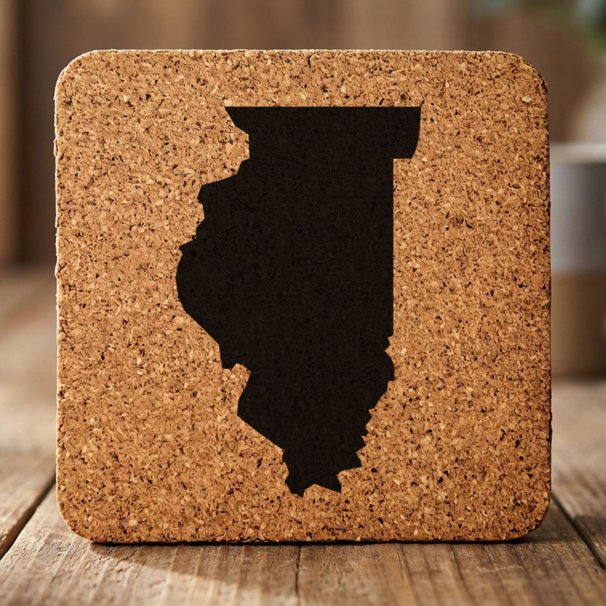 Illinois square cork coaster with the full state shape engraved
