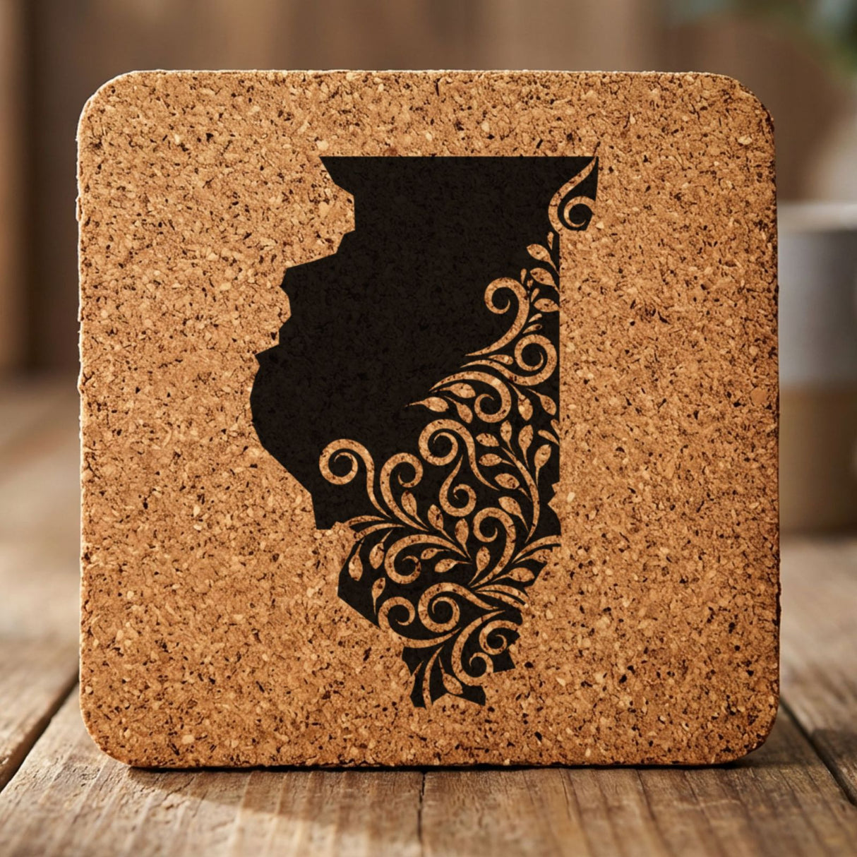 Illinois square cork coaster engraved with the state shape in ornate floral scrollwork