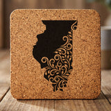 Illinois square cork coaster engraved with the state shape in ornate floral scrollwork