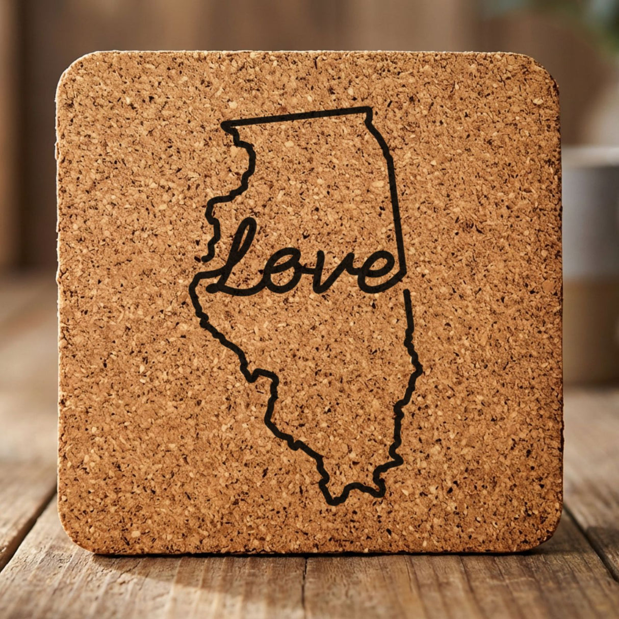 Illinois square cork coaster engraved with a hand-drawn state outline and love in cursive