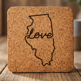 Illinois square cork coaster engraved with a hand-drawn state outline and love in cursive