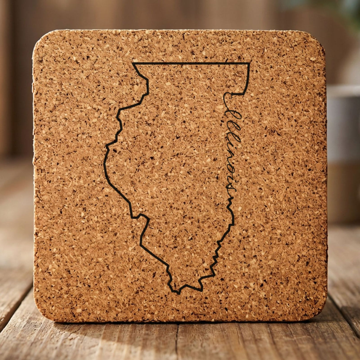 Illinois square cork coaster engraved with the state outline and Illinois in script lettering