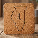 Illinois square cork coaster engraved with the state outline and IL initials