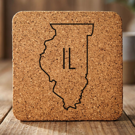 Illinois square cork coaster engraved with the state outline and IL initials