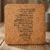 Illinois square cork coaster engraved with a word cloud of repeating Illinois text