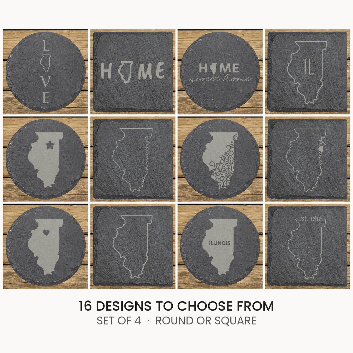 Illinois slate coaster set, laser engraved natural stone