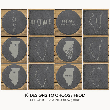 Illinois slate coaster set, laser engraved natural stone