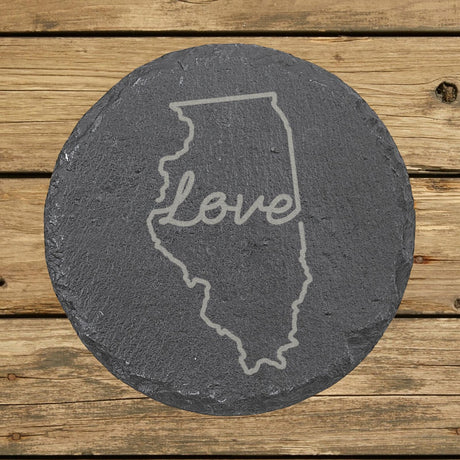 Illinois round slate coaster engraved with a hand-drawn state outline and love in cursive