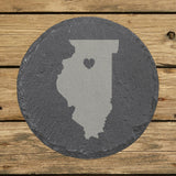 Illinois round slate coaster engraved with the state shape and a heart