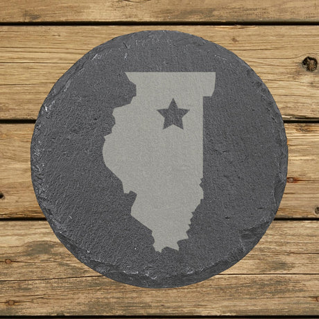 Illinois round slate coaster engraved with the state shape and a star