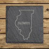 Illinois square slate coaster engraved with the state outline and ILLINOIS in hand-drawn brush lettering
