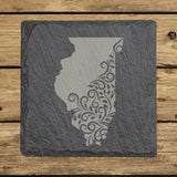 Illinois square slate coaster engraved with the state shape in ornate floral scrollwork
