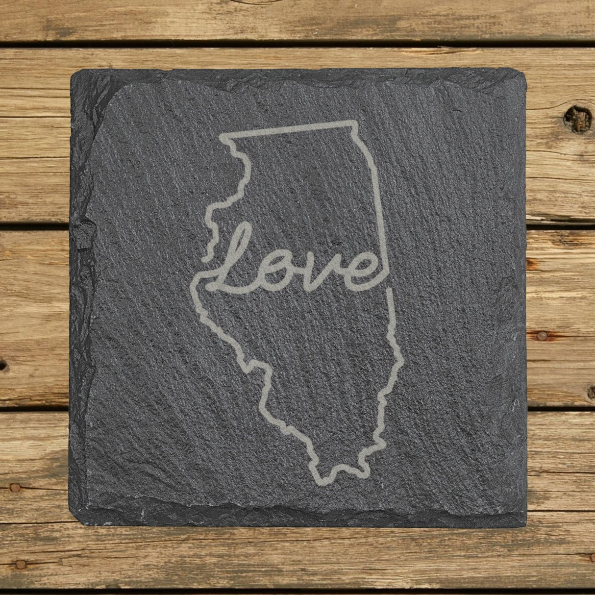 Illinois square slate coaster engraved with a hand-drawn state outline and love in cursive
