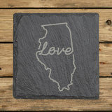 Illinois square slate coaster engraved with a hand-drawn state outline and love in cursive